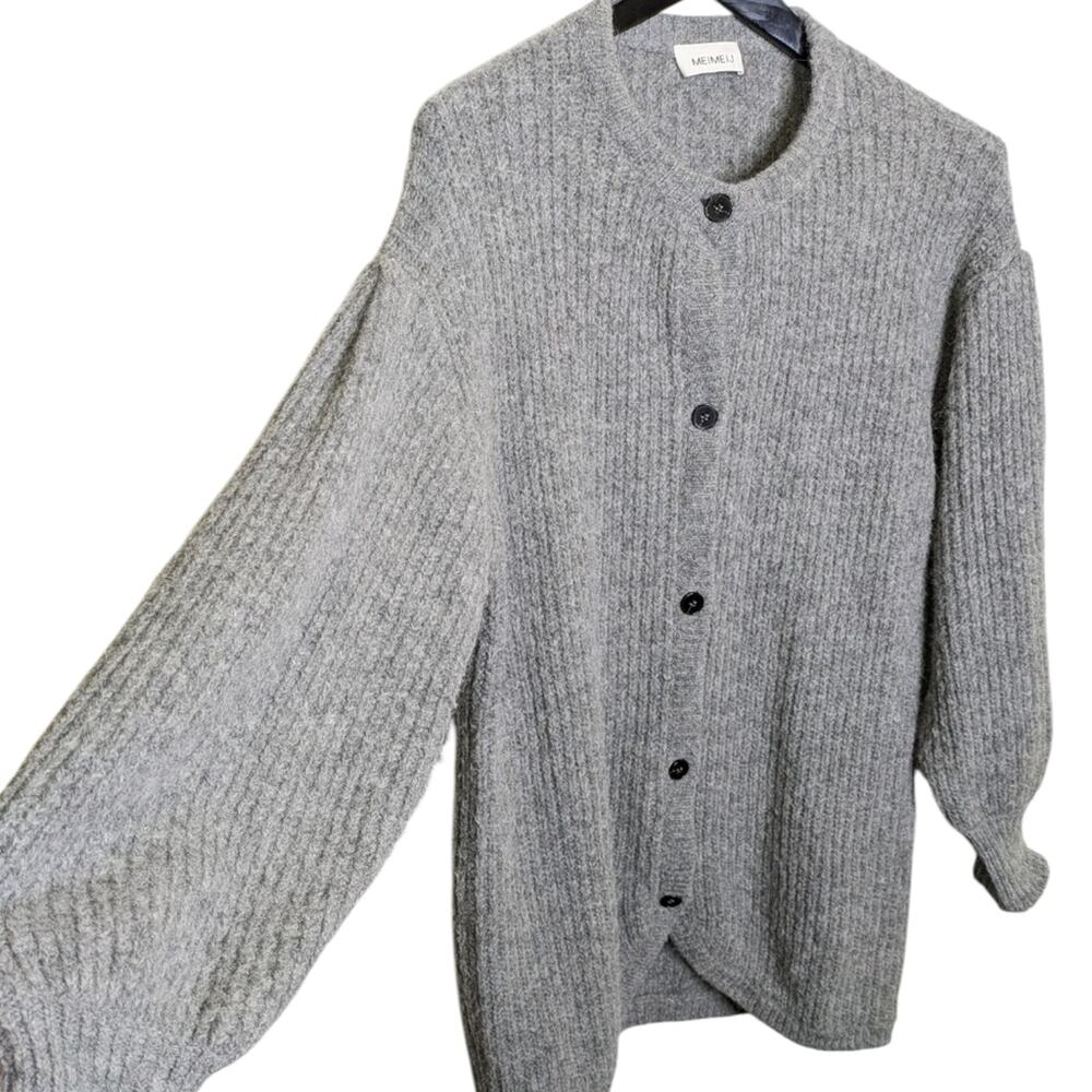 Meimeij Alpaca Mohair Cardigan Sweater Medium Ribbed Tunic Bubble Sleeve Gray - Picture 5 of 11